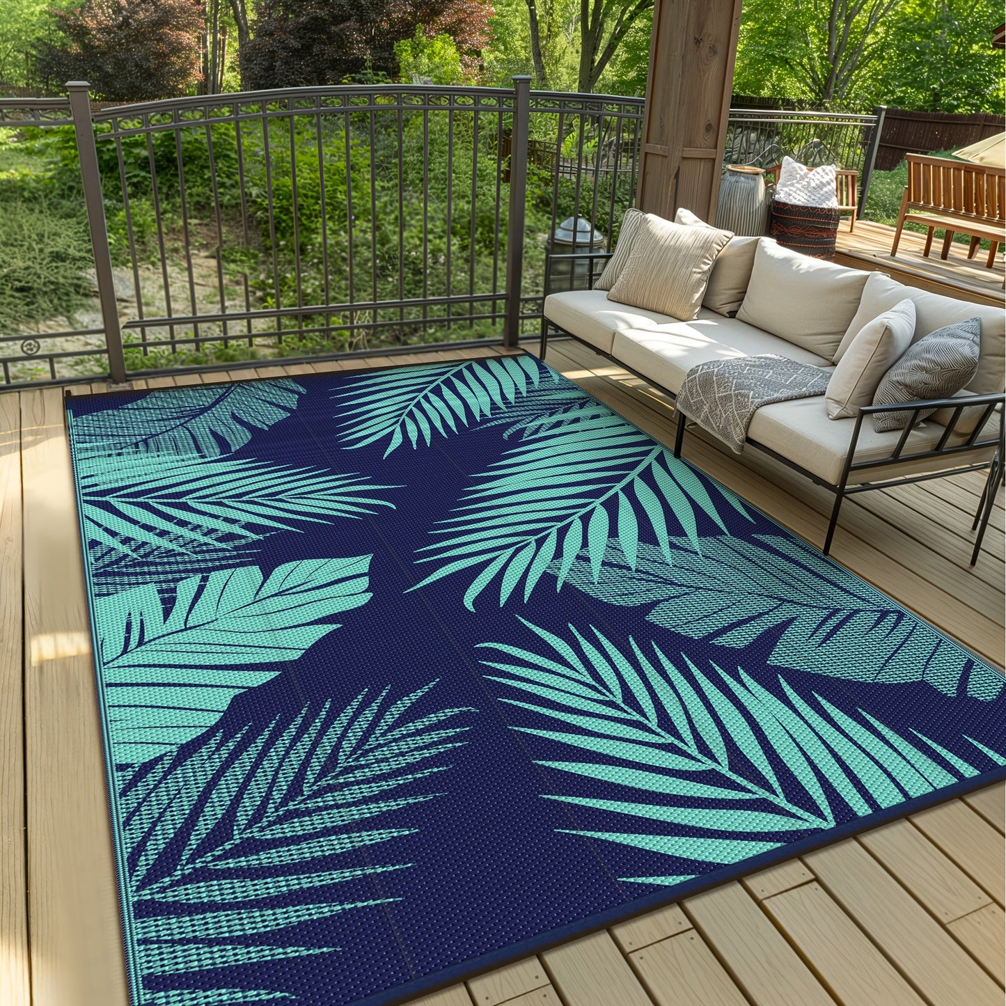 Reversible Outdoor Rug in Multiple Geometric, Border and Leaf Patterns with Displayed Sizes from 5 x 8 to 9 x 12 Feet