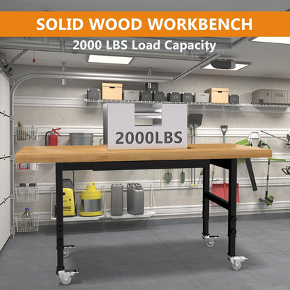Garage Workbench Solid Wood Tool Desk with Drawers, Power Outlets & Swivel Casters, 48"/60"/70" Heavy-Duty Workshop Bench for Home Garage & Workshop