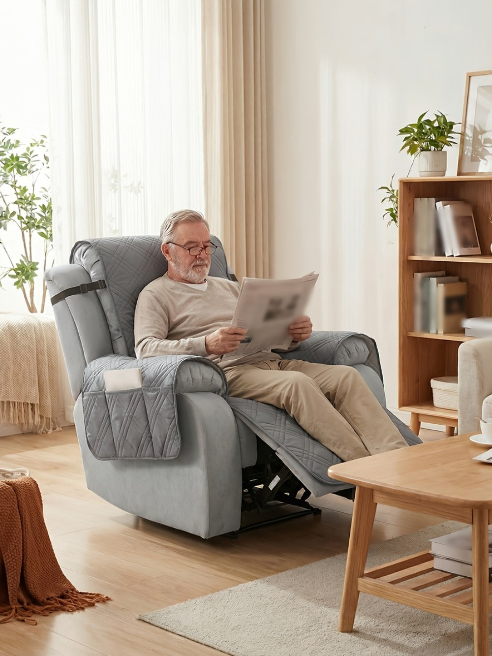 Quilted One-Piece Recliner Chair Cover with Side Pocket, Back Strap and Six Solid Color Options