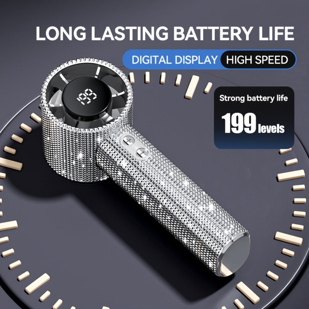 Rhinestone Handheld Fan with USB-C Charging, Digital Display, 199 Levels and Optional Beige Headset