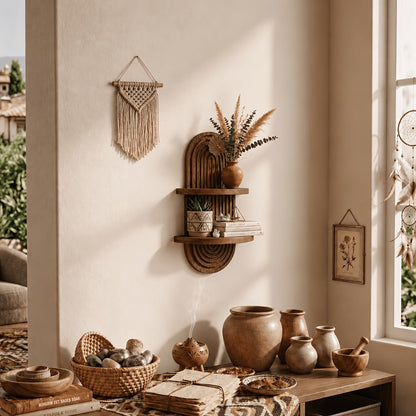 Two-Tier Bohemian Rainbow Arch Floating Wall Shelf in Log Color with Solid-Wood Display Platforms