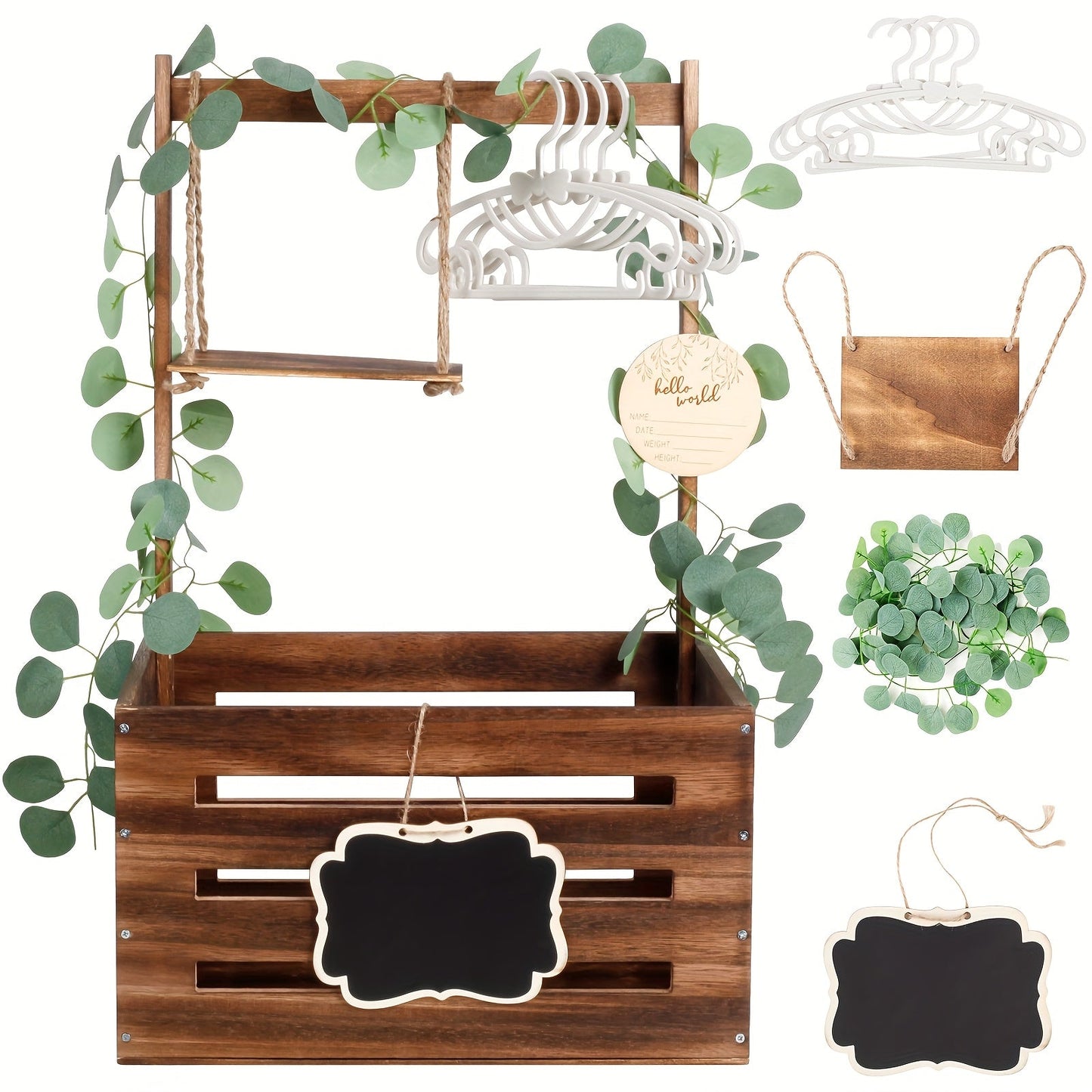 Large Wooden Gift Crate with Side Handles, Hanging Chalkboard Sign, Garlands and Baby Shower Accessories