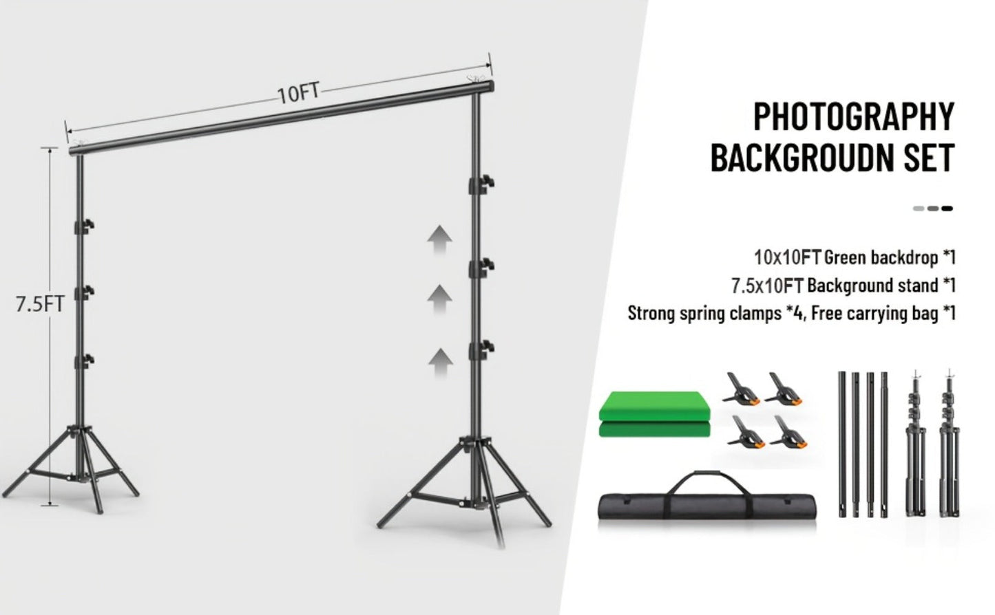 Green Screen Backdrop and Stand Kit with Crossbar, Two Tripods, Four Clamps and Exact 8.5 by 10 Foot Option