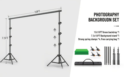 Green Screen Backdrop and Stand Kit with Crossbar, Two Tripods, Four Clamps and Exact 8.5 by 10 Foot Option
