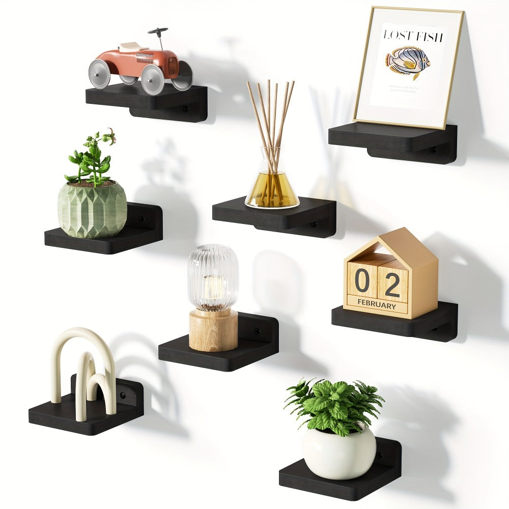 Eight-Piece 4-Inch Wall Shelf Set with Compact Square Ledges, Pure Black Finish and Mounting Hardware