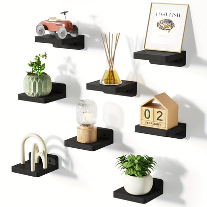 Eight-Piece 4-Inch Wall Shelf Set with Compact Square Ledges, Pure Black Finish and Mounting Hardware