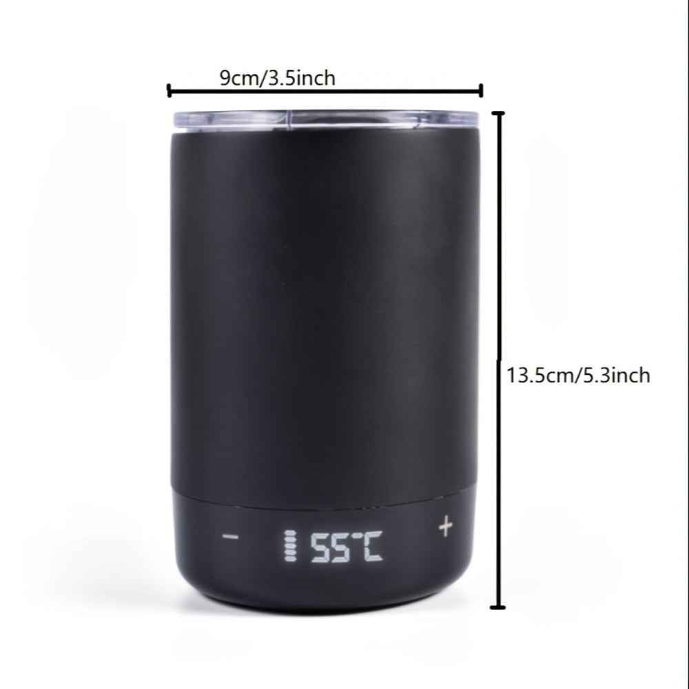 Black Powered Coffee Mug with Handle, Clear Lid, Bottom Display and USB-C Charging, 12-Ounce Label