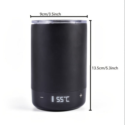 Black Powered Coffee Mug with Handle, Clear Lid, Bottom Display and USB-C Charging, 12-Ounce Label