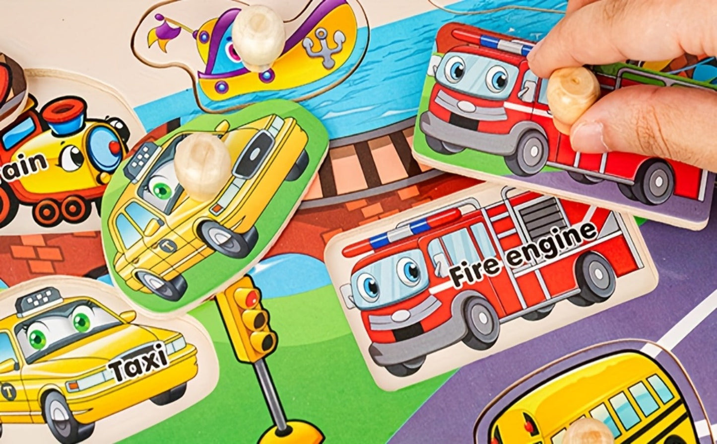 Six-Board Wooden Peg Puzzle Set with Metal Storage Rack and Scene or Animal Theme Checkout Options