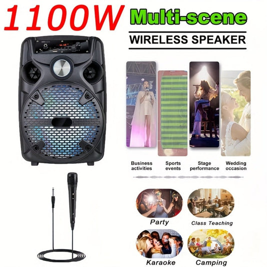 1100W Party Speaker with 7-Mode LED Lighting & Microphone – Portable Wireless Subwoofer, 8-Inch Bass Driver, Speaker Stand, 1800mAh Rechargeable Battery, TF USB AUX FM for Outdoor Parties & Karaoke
