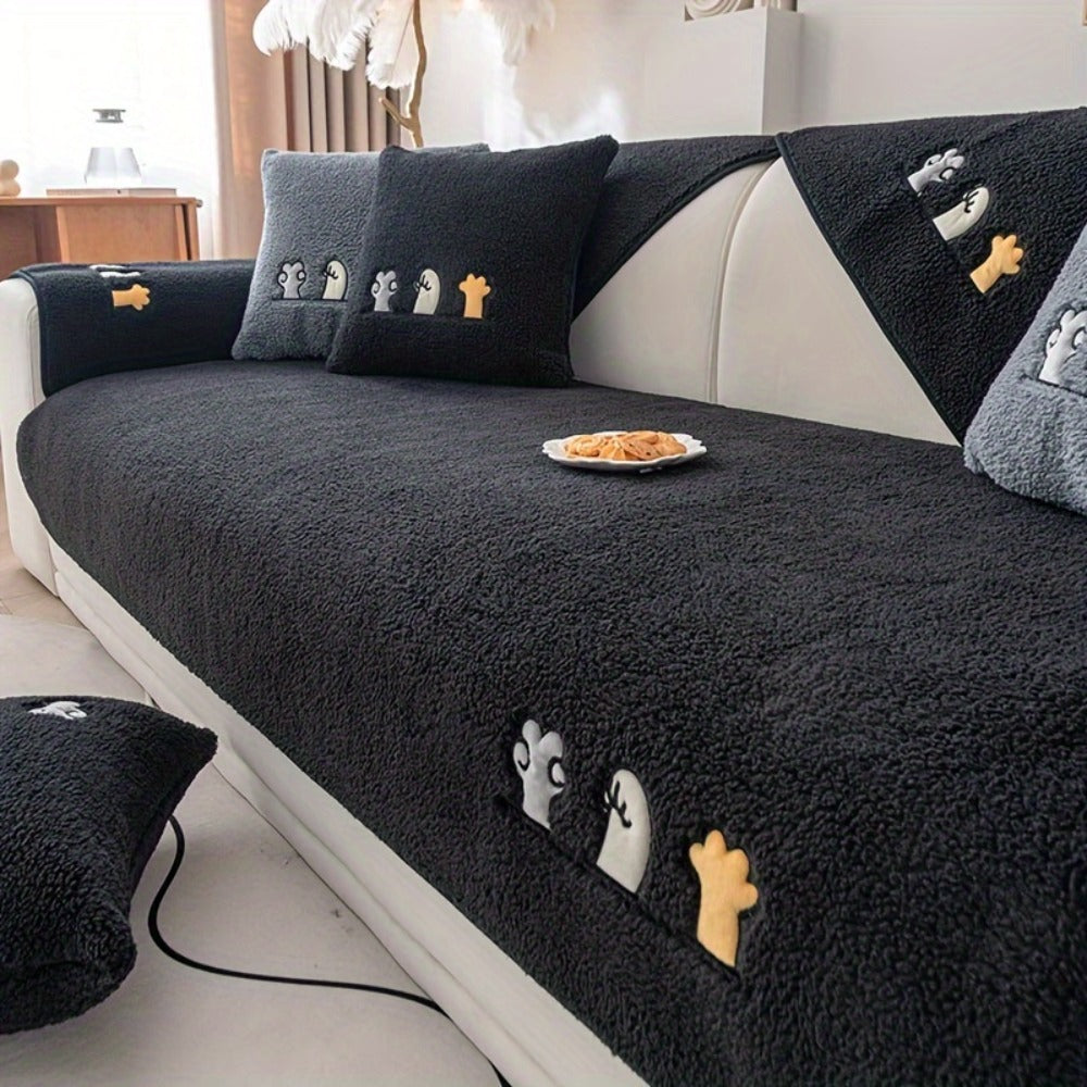 Sofa Cover Thick Plush Shearling Panels with Animal and Bone Embroidery and Non-Slip Feature for 2 to 4 Seats