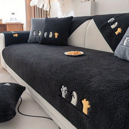 Sofa Cover Thick Plush Shearling Panels with Animal and Bone Embroidery and Non-Slip Feature for 2 to 4 Seats
