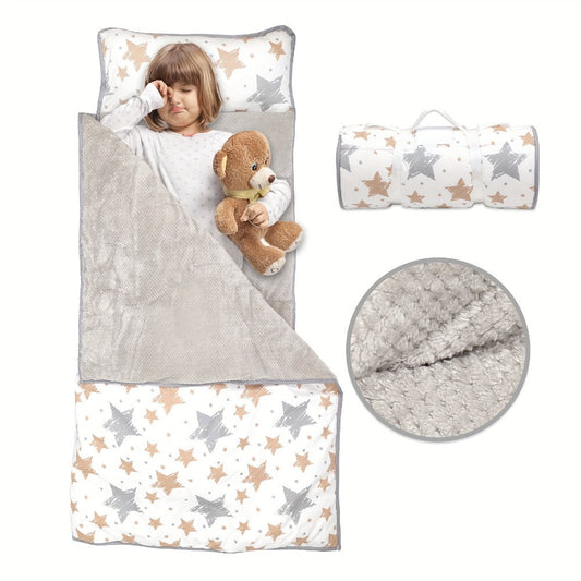 Toddler Nap Mat with Removable Pillow & Minky Blanket, Rollup Kids Sleeping Mat for Daycare Preschool, Portable Toddler Sleeping Bag for Travel Camping, Star Pattern