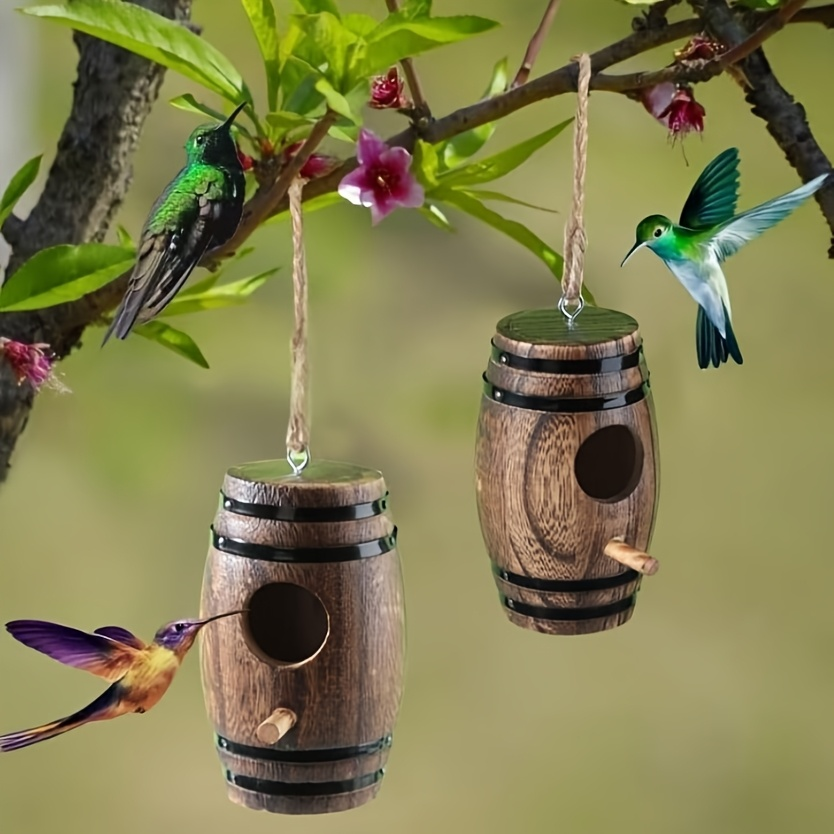 Vintage Barrel-Style Wooden Hanging Birdhouse with Round Entry, Perch, Rope Loop and Dark Wood Finish