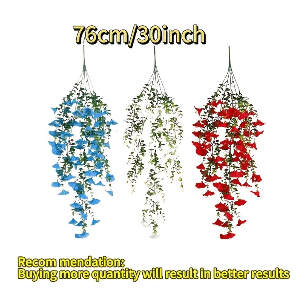 Artificial Flowers Six-Piece Hanging Morning Glory Vine Set in Red White and Blue for Seasonal Decor