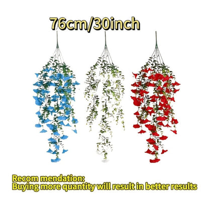 Artificial Flowers Six-Piece Hanging Morning Glory Vine Set in Red White and Blue for Seasonal Decor