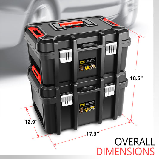 Tool Box Set 2-Piece Lockable - Large Capacity Portable Toolbox Organizer with Removable Tray, Double Lock Buckle, Hard Plastic, 17" x 13" x 18.5" - For Workshop, Garage, Car Trunk & Household Storage