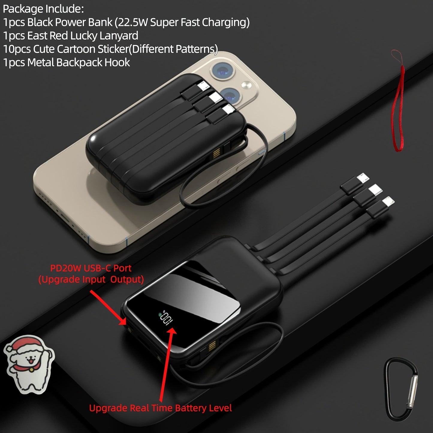 Power Bank 10000mAh Compact with Cable Set, 5W/15W/22.5W Variants, LED Light and Digital Display