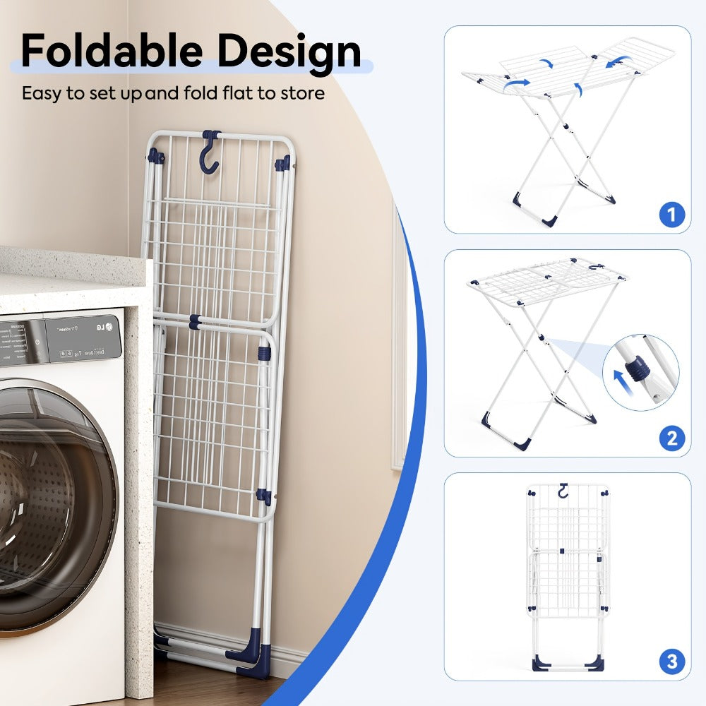 White Four-Wing Folding Clothes Drying Rack with X-Frame, Freestanding Laundry Bars and 55.1 x 37.8-Inch Layout