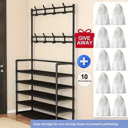 Shoe Rack Floor-Standing Organizer with 8 Double Hooks and 3-Layer or 5-Layer Black Options