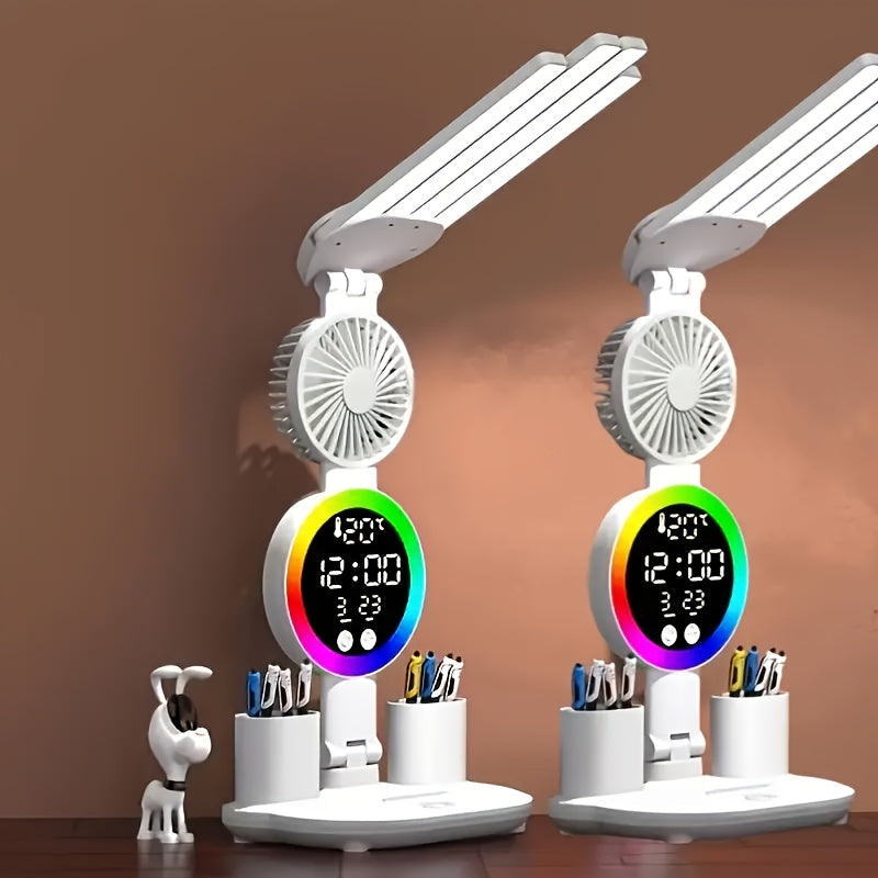 Multifunction LED Desk Lamp with Dual Light Bars, Built-In Fan, Digital Clock Display and One- or Two-Pack Options
