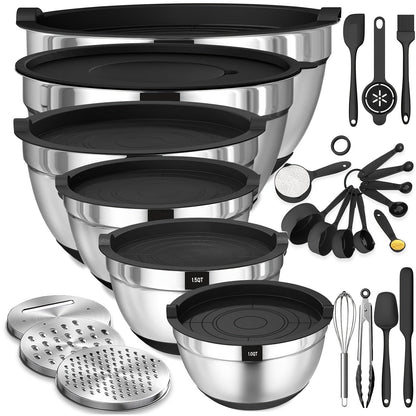 Mixing Bowls Set with Airtight Lids, 26pcs Stainless Steel Bowl Set with 3 Grater Attachments, Bottoms