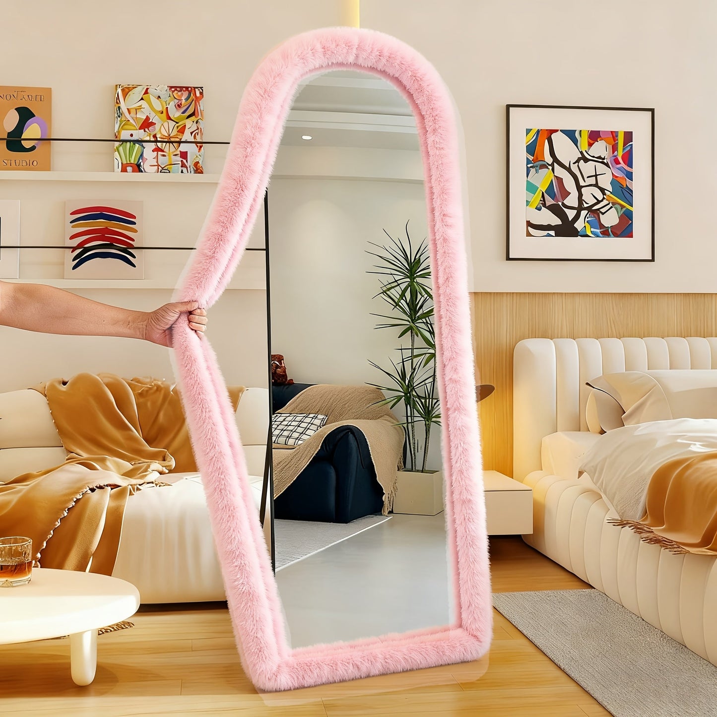 Full Length Floor Mirror Cover Fluffy Stretchable 64"x21" - Soft Non-Slip Irregular Shape Bedroom Dressing Room Mirror Sleeve 6 Colors