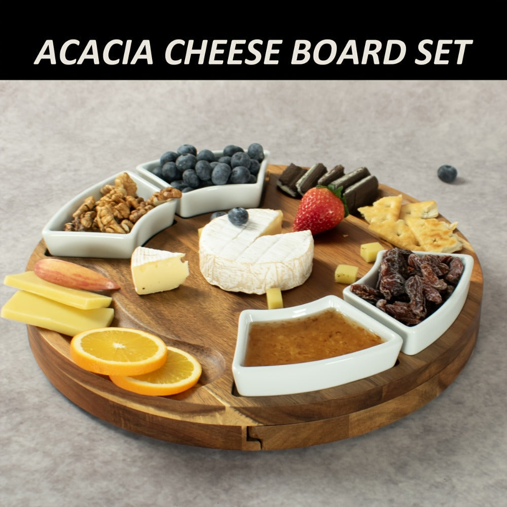 Round 13-Inch Wood-Look Charcuterie Board Set with Four White Bowls, Utensil Drawer and Serving Tools