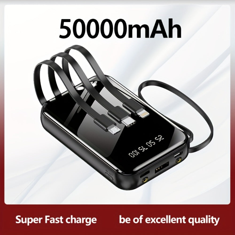 3-in-1 Built-in Cables Power Bank 50000mAh Portable Charger with Smart Digital Display Flashlight Apple Lightning Type-C USB Safe Lithium Battery Pack Outdoor Emergency Travel Gift
