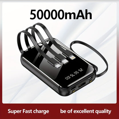 3-in-1 Built-in Cables Power Bank 50000mAh Portable Charger with Smart Digital Display Flashlight Apple Lightning Type-C USB Safe Lithium Battery Pack Outdoor Emergency Travel Gift