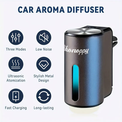 Waterless Car Air Freshener Diffuser Vent Clip USB Charging – 3 Intensity Levels, Lasts 45 Days, 3 or 6 Perfume Bottles, Portable Scent Diffuser for Car Home Office, Blue Red Grey Cologne Luxury CC