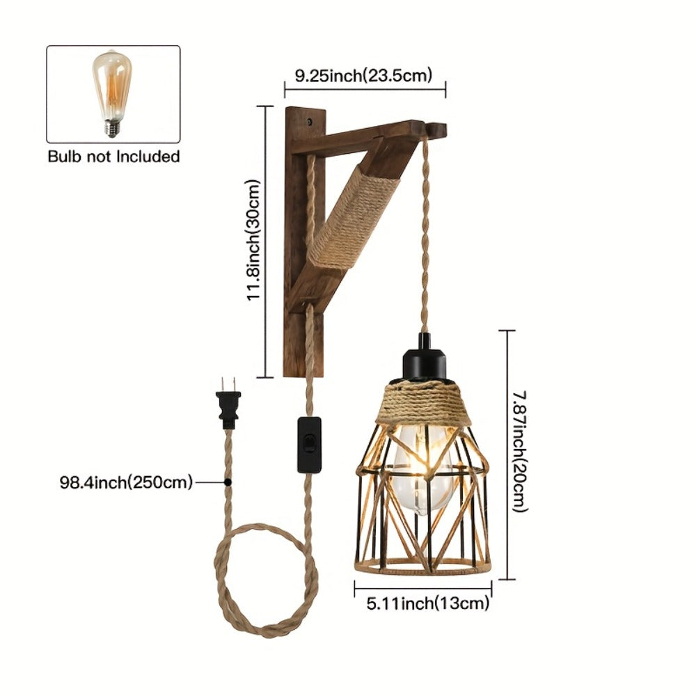Plug-In Cage Wall Sconce with Wooden Bracket, 250 cm Cord and Single or Two-Piece Farmhouse Options