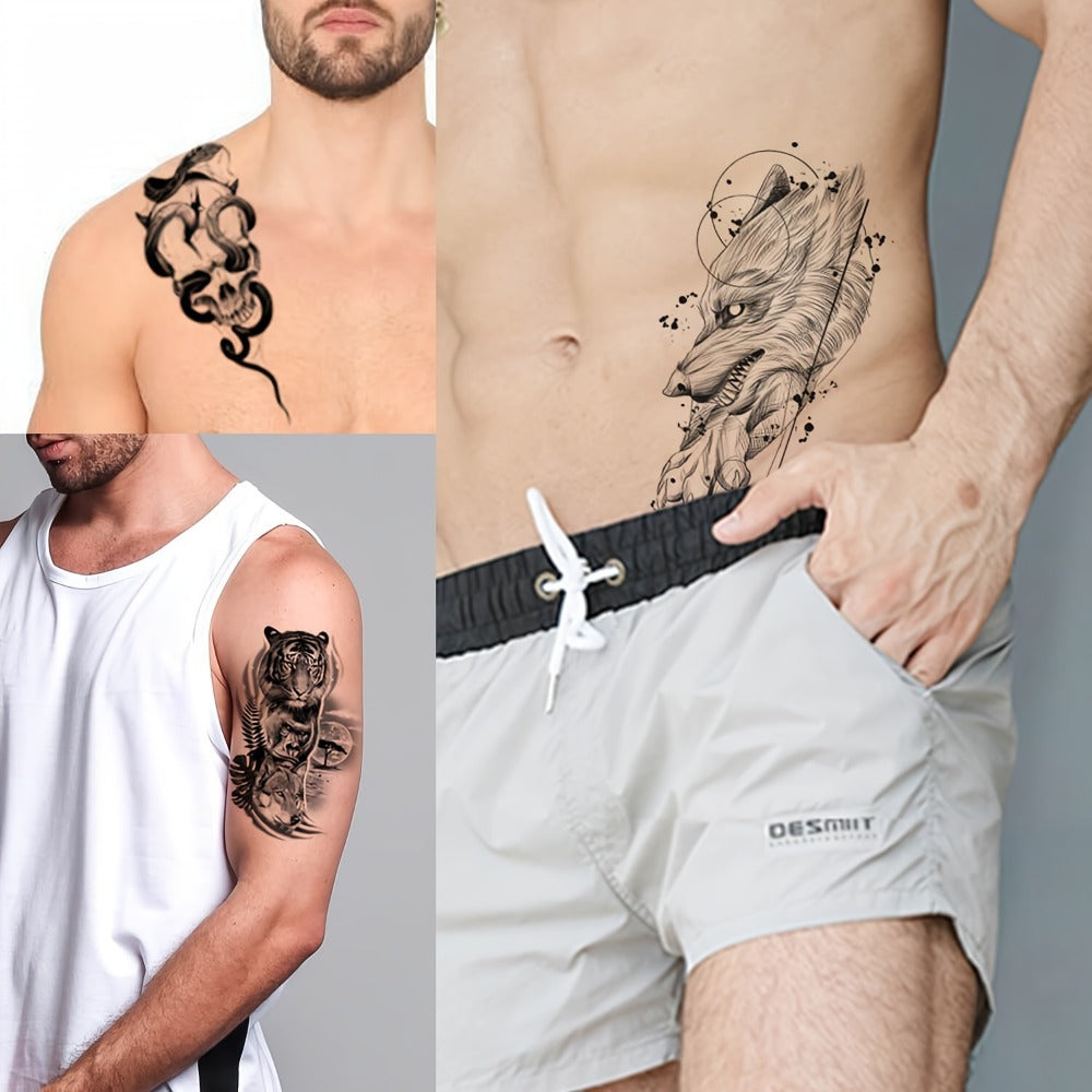 Temporary Tattoos GLARYYEARS 48-Piece Black Skull, Snake and Dark Art Set with 12 Large and 36 Small Sheets