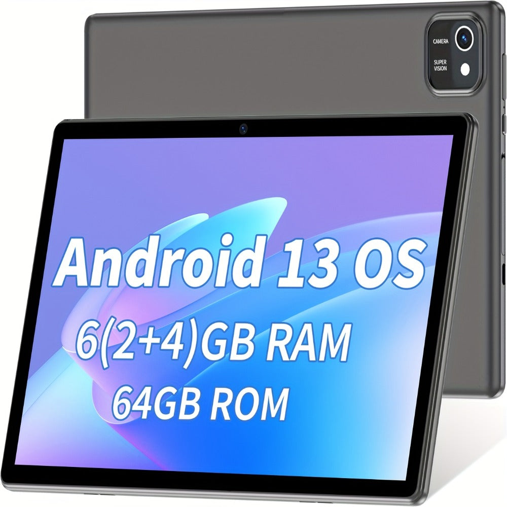 Android 13 Tablet 10 Inch 6GB RAM 64GB ROM Quad-Core IPS HD Touchscreen, Long Battery Life, Large Storage Capacity, Powerful Performance Portable Tablet PC for Work Study Entertainment Adults Kids
