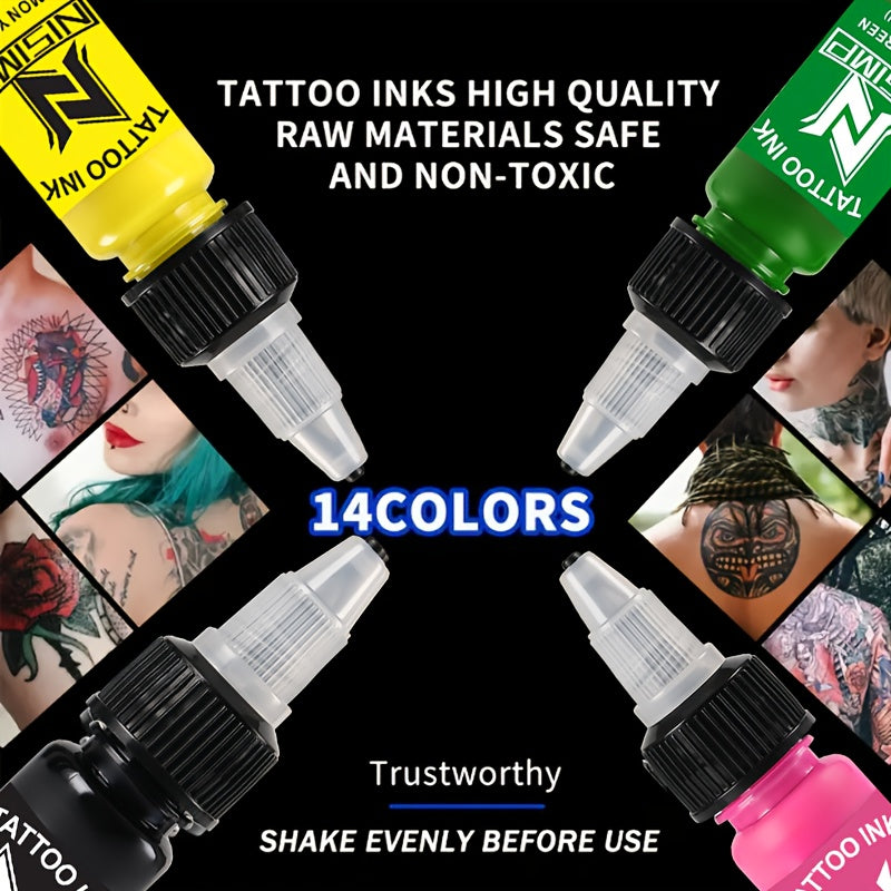 Tattoo Ink NISIMP 7- or 14-Color Gift Box Set with Transparent Bottles and Two Configurations