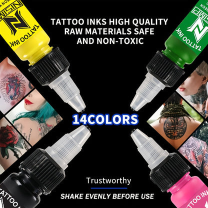 Tattoo Ink NISIMP 7- or 14-Color Gift Box Set with Transparent Bottles and Two Configurations