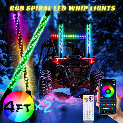 RGB LED Whip Lights for UTV ATV – 1ft/2ft/3ft/4ft Spiral Color Changing Neon Light Whips with Remote & App Control, Music Sync, for RZR SXS Dune Buggy Off-Road Truck (2pcs, No Spring Base)