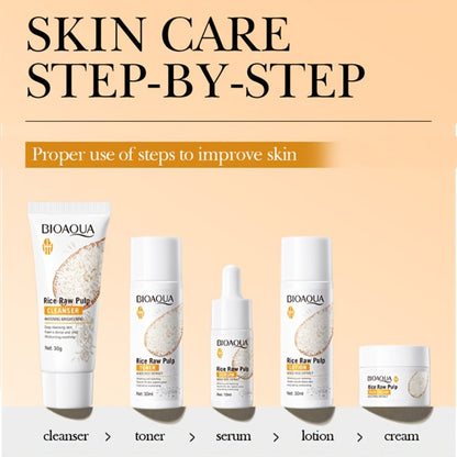 Skincare Set with BIOAQUA Label, 5 Mini Rice Raw Pulp Products with Cleanser Toner Essence Lotion and Cream