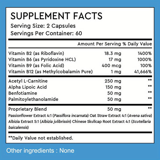 Neuro Health Support Supplement 120 Capsules with 12 Essential Vitamins & Antioxidants for Nervous System, Brain & Cognitive Health, Energy & Focus for Men & Women