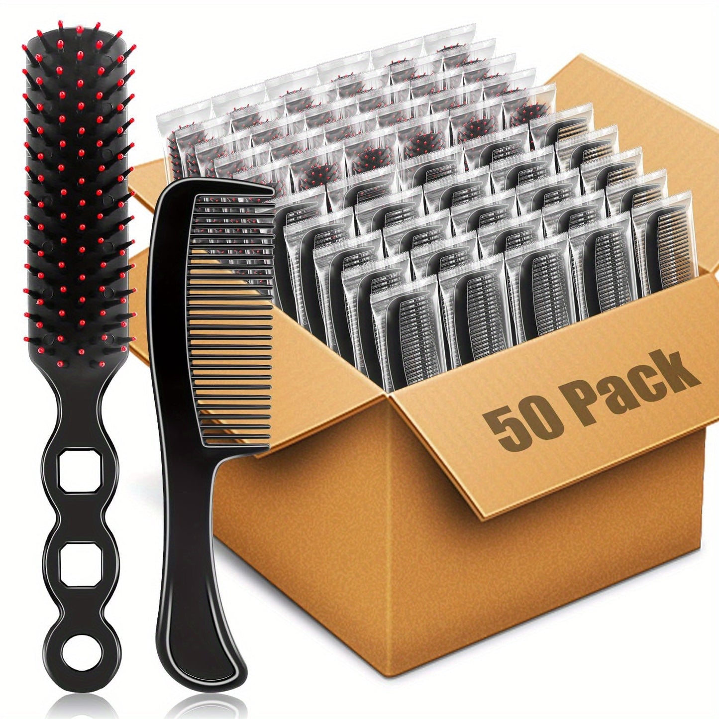 Disposable Hair Brush and Comb Set 50 Pack — Individually Wrapped Detangling Hairbrush with Fine Tooth Comb, Bulk Hygienic Kit for Hotel, Travel, Salon, Charity & Spa