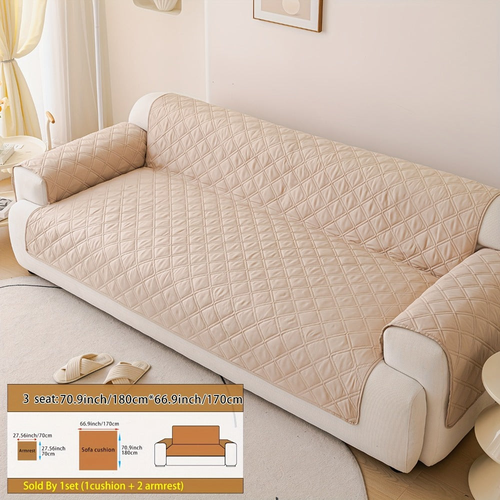 Sofa Cover Three-Piece Soundwave Embossed Set with Sofa Panel, Two Armrest Covers and Anti-Slip Mat