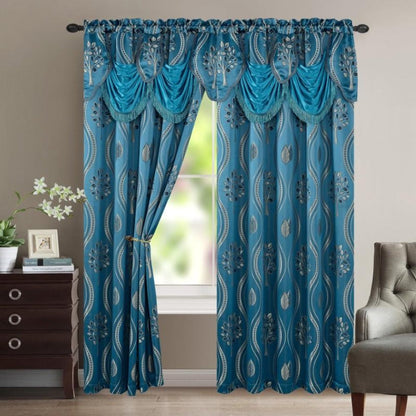 Two-Panel Jacquard Window Curtain Set with Attached Waterfall-Style Valance, 54 x 84-Inch Size and Four Colors