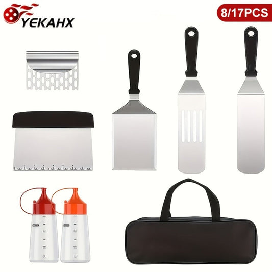 BBQ Grill Tool Set 8/17pcs – Teppanyaki Meat Press & Barbecue Accessories for Outdoor Camping, Kitchen & Parties
