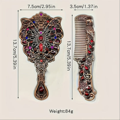 Decorative Peacock Comb and Handheld Mirror Two-Piece Set in Four Image-Bound Design Options