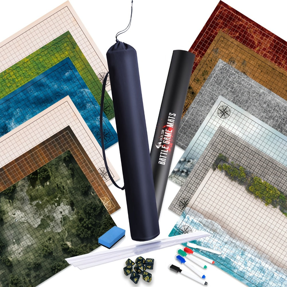 DnD Battle Map 3 Pack 24x36 Inch Dry Erase – Double-Sided 6 Terrain Grid Mats with Dice Accessories & Shoulder Bag, 1 Inch Grids for D&D 5e Pathfinder TRPG Tabletop RPG, Dungeon Master Gift