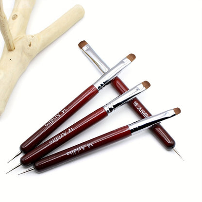 Acrylic Nail Art Brushes Set 4pcs with Dotting Pens - Red Wood Handle Precision Tips #10 #12 #14 #16 for French Manicure Nail Sculpting Cuticle Care Home Salon Women