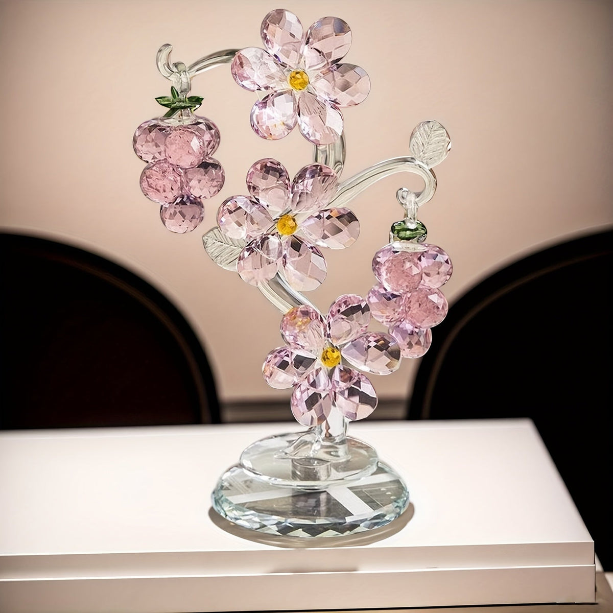 Pink Crystal Tree Statue Ornament - Romantic Crystal Flower Sculpture with Rotatable Base, Elegant Home Decor Gift for Valentine's Day