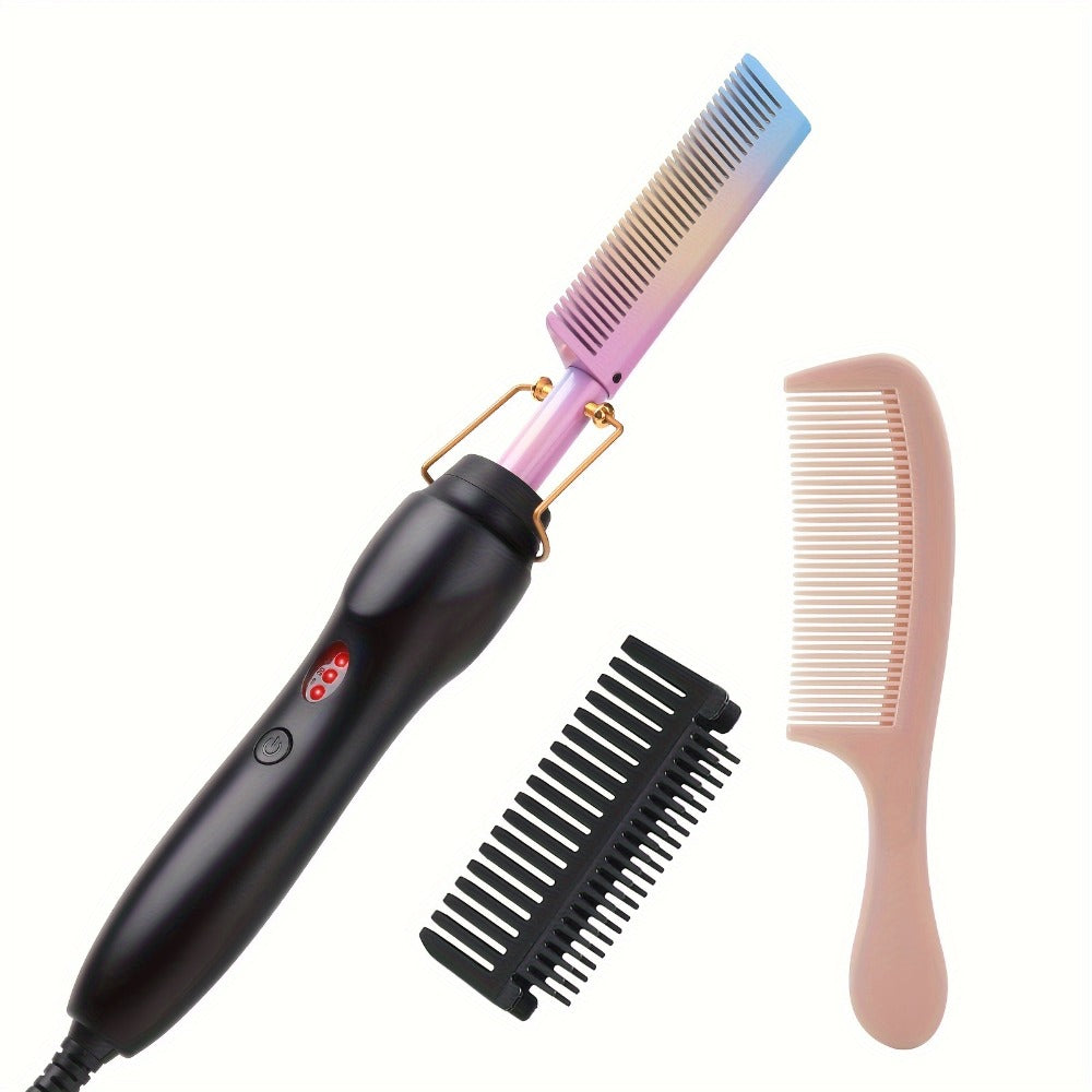 Electric Hot Comb Heated Beard Straightener Brush Fast Heating Anti-Scald Ceramic 2-in-1 Straightening Curling Comb for Men Women Natural Black Hair Wigs Portable Travel Styling Tool