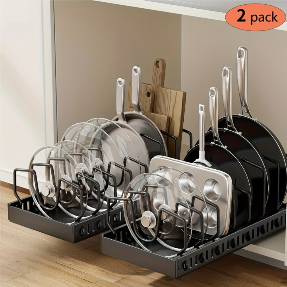 Two-Piece Pull-Out Cabinet Organizer for Pot Lids and Cookware with Removable Dividers in Black or White
