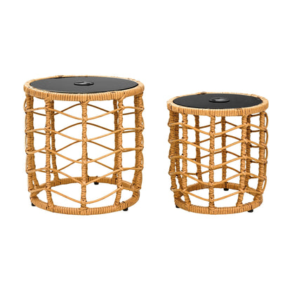Outdoor Side Table Set of 2 Nesting PE Wicker Frames with Tempered Glass Tops for Patio or Balcony Layouts